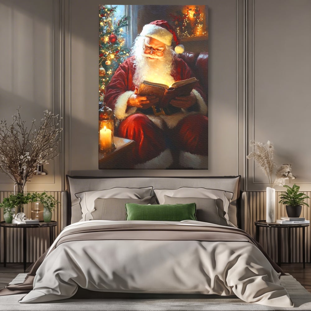Tablou canvas cu tablou canvas cu mos craciun citind, fara rama, pe sasiu de lemn, pe perete intr-un dormitor